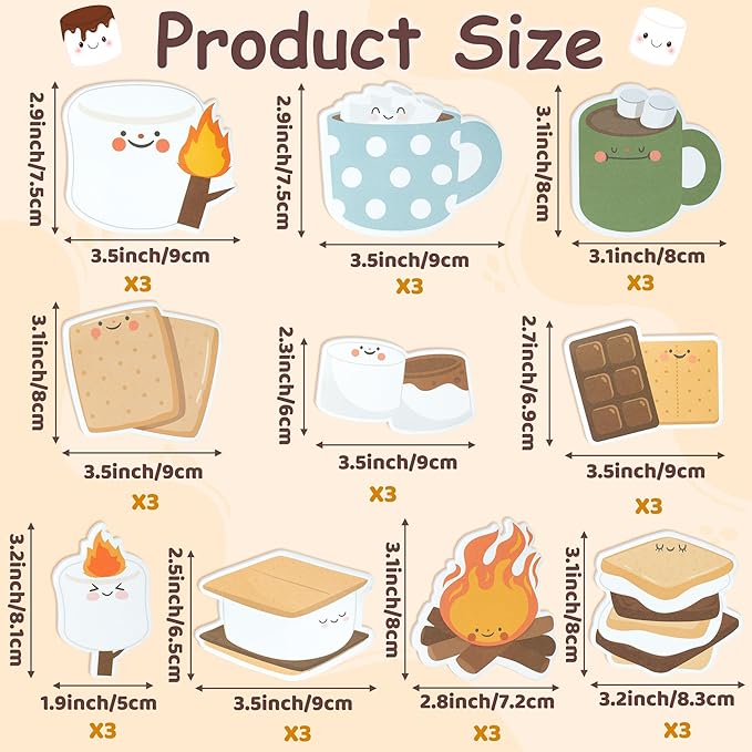 CJiangpo 30Pcs Marshmallow Sticky Notes - 600 Sheets Cute Self Stick Notepad Memo Pads Funny Cartoon Page Markers for Classroom Rewards Teacher Student Supplies Camping Themed Gift for Kids