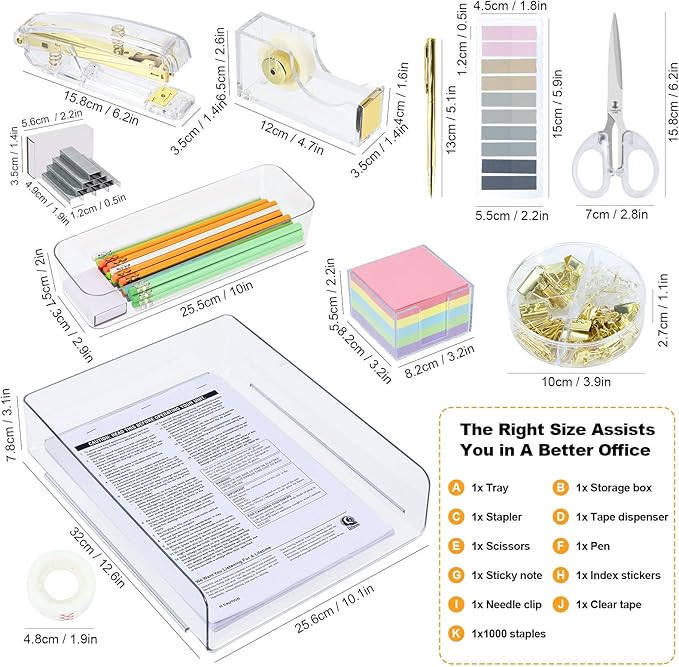 Buqoo Gold Acrylic Sticky Note Holder with 5 Pack Sticky Notes, Stapler and Tape Dispenser Cutter with Staple Remover, Scissor, Ballpoint Pen, Sticky Notes, Paper Clips, File Tray
