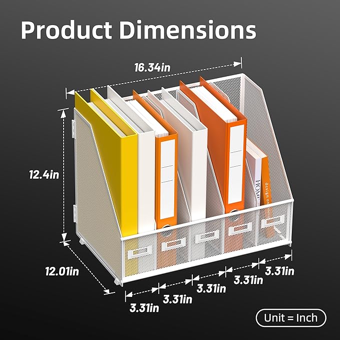 DALTACK Desk Organizers Metal Magazine File Holder with 5 Vertical Compartments Folder Storage Binder Organizer for Office Home School Organization, White Plus