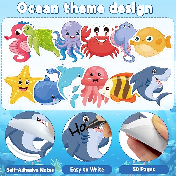 600Pcs Ocean Animal Sticky Notes, Cute Turtles Crabs Jellyfish Fish Sticky Notes Sea Animal Sticky Notepad Under The Sea Self Sticky Memo Pads for Ocean Party Favors Home Office School Supplies