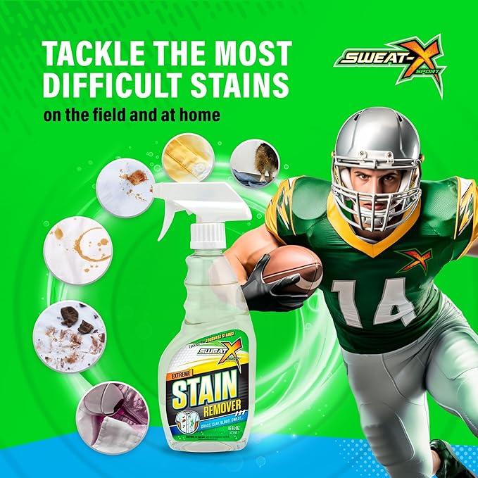 Sweat X Extreme Stain Remover – Multi-Purpose Nontoxic Stain Spray – Advanced Stain Removal for Sport and Activewear – Safe for All Fabrics – Tested Formula with Proven Results – 16 Fl Oz