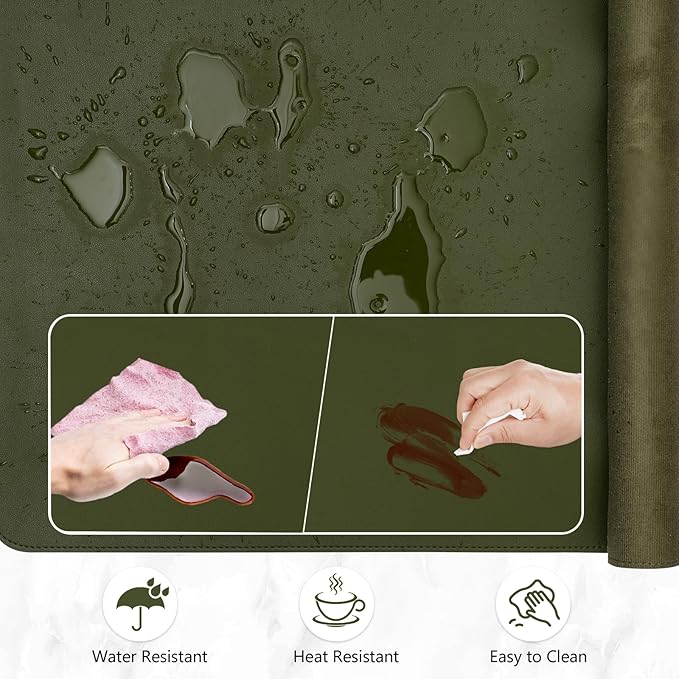 Desk Mat, Dual-Sided Pad, Large Mouse Pad, Natural Cork & PU Leather Non-Slip Waterproof Mats for Office and Home (Army Green, 31.5" x 15.7")