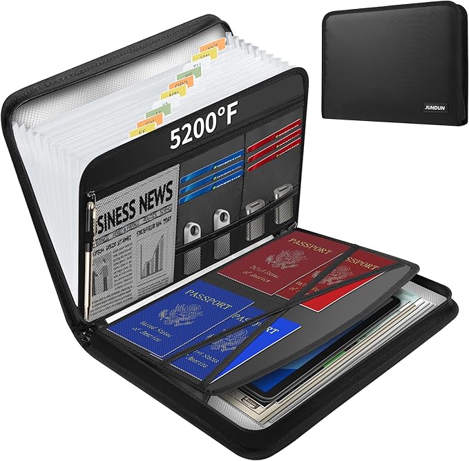 JUNDUN 5200℉ Fireproof Document Organizer, Multi-Pockets Accordion File Organizer with Zipper & Labels, Upgraded Heat Insulated 13 Pockets Expanding File Folder for Letter A4 Files and More