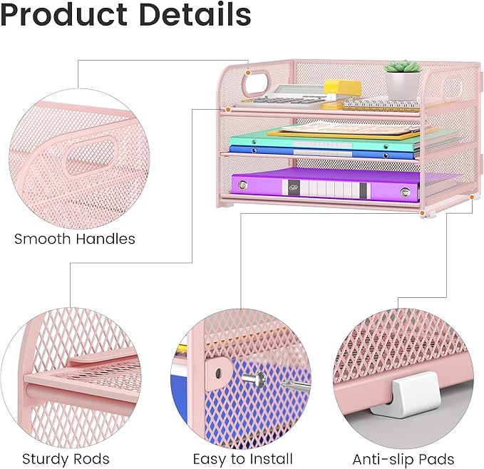 3 Tier Paper Organizer with Handle, Metal Desk Organizer Mesh Paper Letter Tray Desktop File Folder Document Sorter for Classroom, School, Office Accessories Organization and Storage - Pink