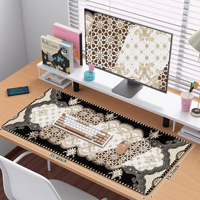 Large Mouse Pad, Desk Mat for Desktop, DeskPad Matt, XXL Big Mouse Pad for Desk, Anti-Slip Mousepad with Stitched Edges, Keyboard Pad Mouse Mat Cover for Computer PC 35.4×15.7 Inchs, Brown Rug Retro