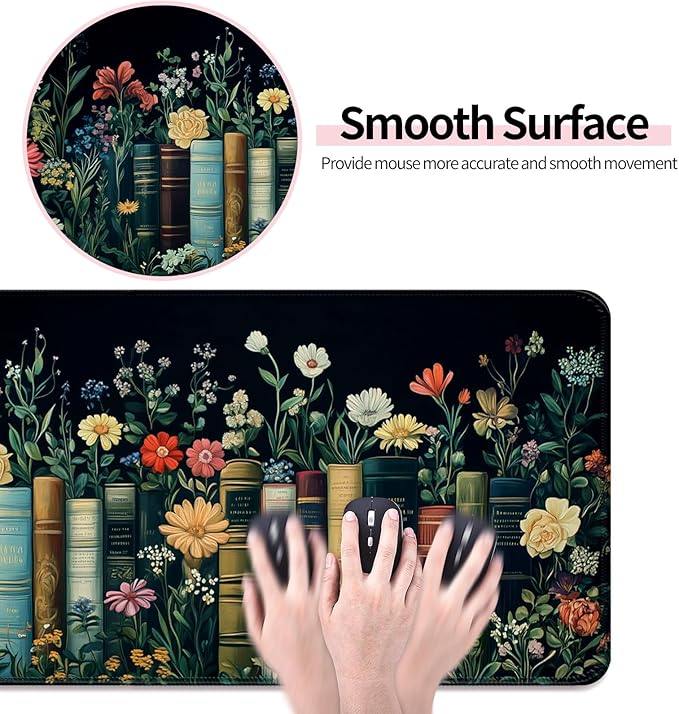 Fantasy Pretty Wildflower and Book Gaming Desk Mat, Computer Keyboard Large Extended Long Floral Mouse Pad for Office and Home, XL (W02)