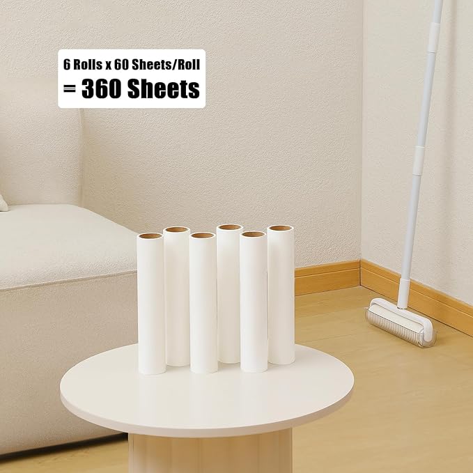 6 Pack 9.45 inch Lint Roller Refill Extra Sticky 9.4-9.5 inch Wide Large Lint Roller Refills for Floor Pet Hair Remover Replacement Refills Total 360 Sheets (6 Sticky Rolls)