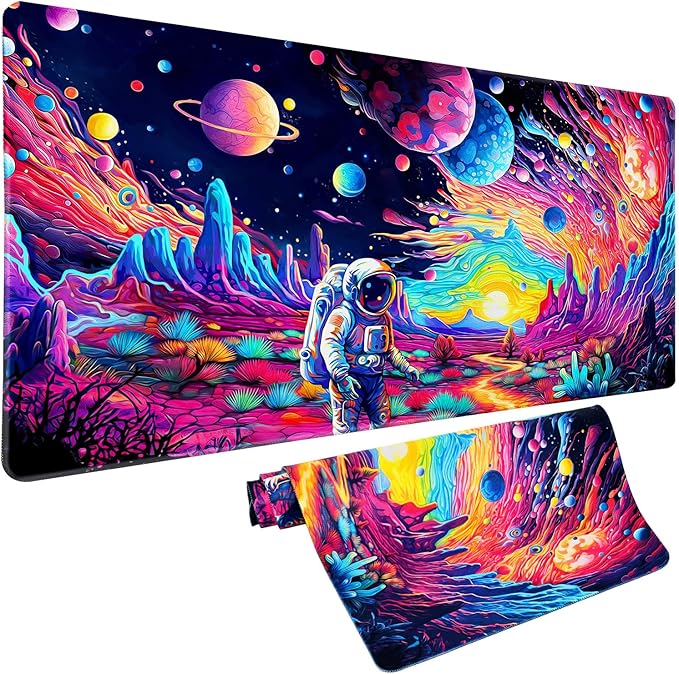 Cyberpunk Astronaut Mouse Pad Desk Mat Fantasy Planet Space Large Gaming Mouse Pad Anime Desk Pad Mousepad XXXL Extended Keyboard Mat Futuristic Cosmic Adventure Mouse Mat, Waterproof, 35.4 x 15.7 in
