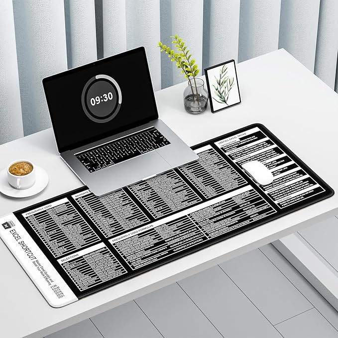 Excel Shortcut Keys Mouse Pad, Large Extended XL XXL Cheat Sheet Gaming Mouse Pad, Office Spreadsheet Desk Mat, Long Big Keyboard Mat, Desk Pad for Desktop, Non-Slip, Stitched, 31.5" x 11.8", Black