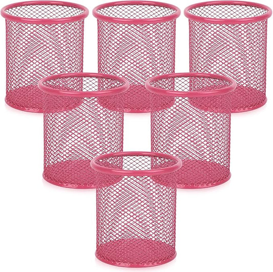 Segarty Pen Cup, 6 Pack Cute Dark Pink Pen Holder, Round Mesh Pencil Holder for Desk, Desktop Accessories Organizer for Office Supply, School, Home Storage, Makeup Brush Organization