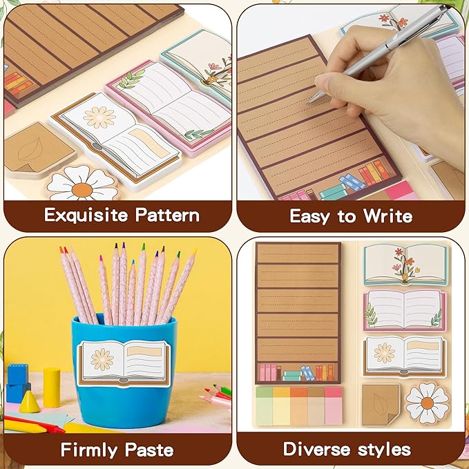 B1ykin Sticky Notes Set - Cartoon Theme Cute Self-Stick Notes Pad Teacher Appreciation Gifts, Self-Adhesive Writing Memo Pages Sticky to Do Notepad for Kids Employee School Office (Book Lovers)