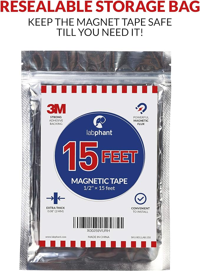 Magnetic Tape, 15 Feet Magnet Tape Roll (1/2'' Wide x 15 ft Long), with 3M Strong Adhesive Backing. Perfect for DIY, Art Projects, whiteboards & Fridge Organization
