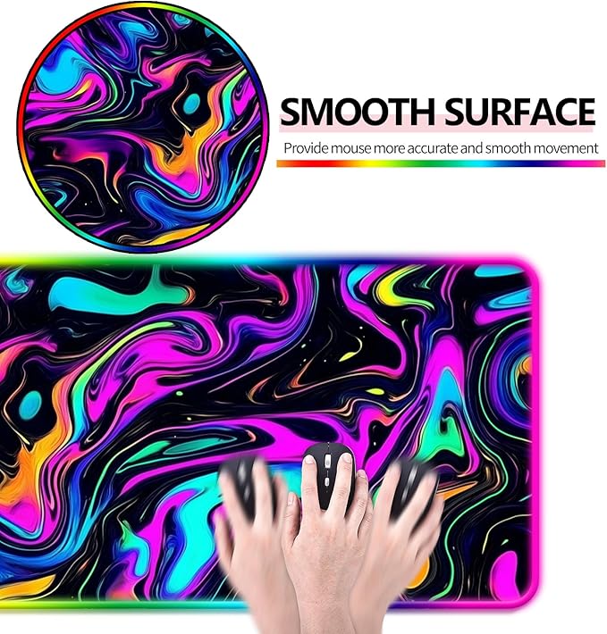 RGB Abstract Colorful Marble Swirl Fluid Gaming Desk Mat, Computer Keyboard Large Extended Long LED Mouse Pad for Office and Home, XL (W22)
