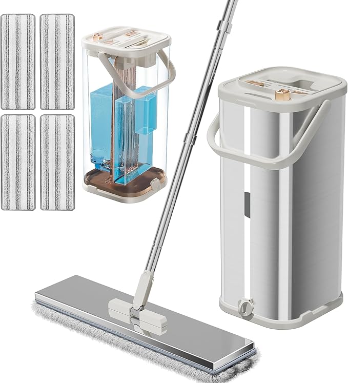 SWIFTIRON Separates Dirty Water Mop, Flat Mop and Bucket for Home with 4 Extra Refills, Stainless Steel Mop and Bucket with Wringer (Silver)