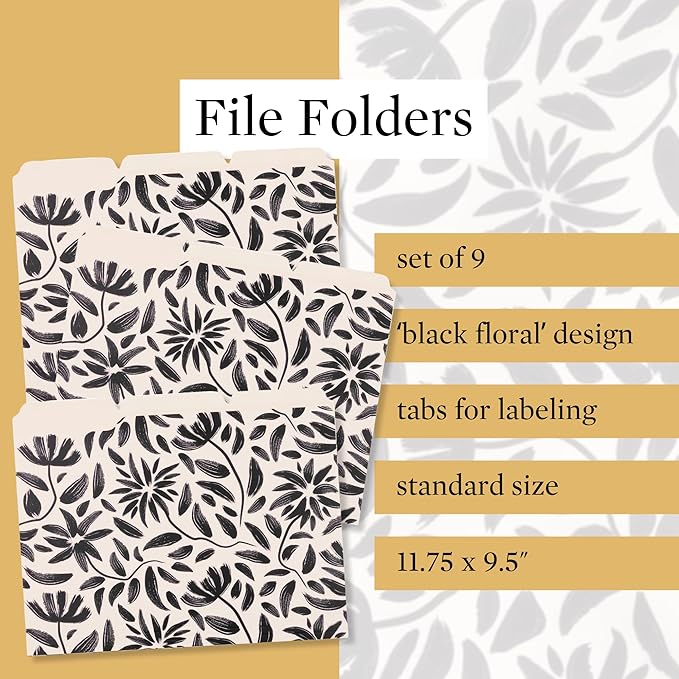 Steel Mill & Co Cute File Folders, Set of 9, Document Organizer for Filing Cabinet, Decorative Letter Size Files, Hand Drawn Black Floral