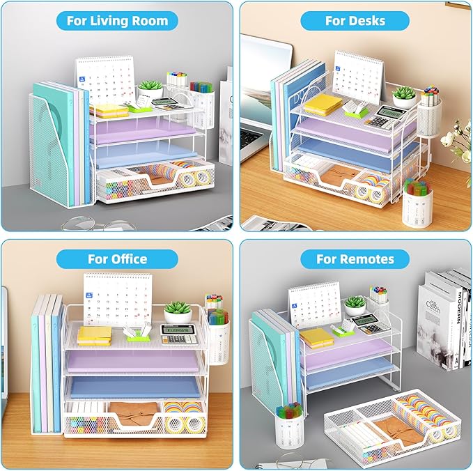 Marbrasse Desk Organizer and Accessories，4-Tier Paper Letter Tray Organizer with File Holder, Desk Accessories with Drawer and 2 Pen Holder (White, 15.4" x 9.1" x 8.3")