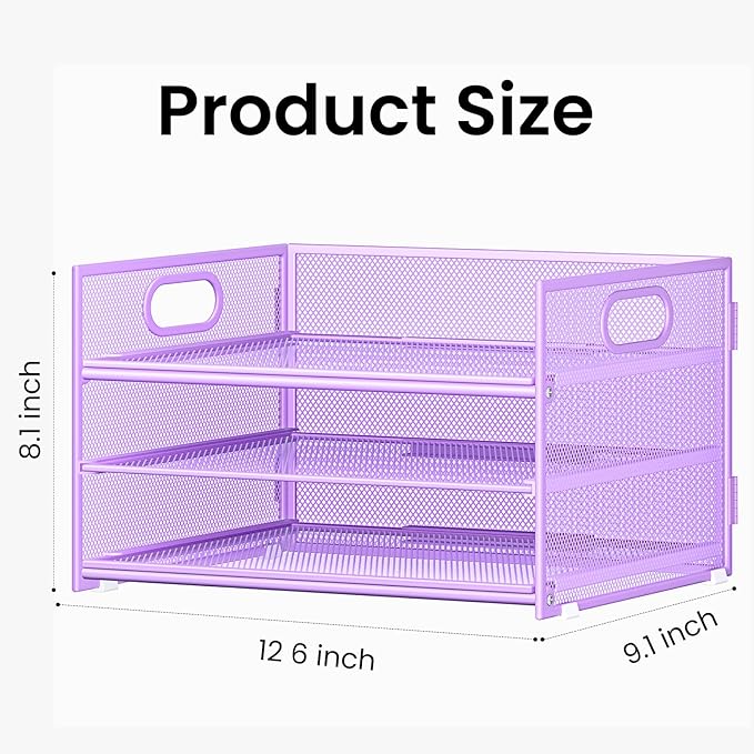 Subekyu 2-Pack 3-Tier Purple Metal Mesh Desk Paper Letter Tray & File Sorter Organizer with Handle + 1 Sliding Tray for Desk, Home, Office, School Supplies, A4 Paper and Accessories Storage