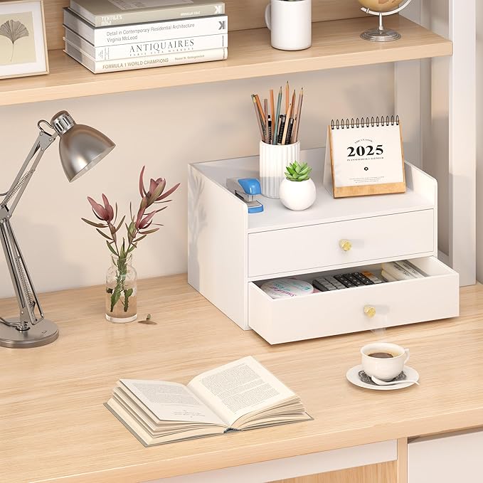 Bamboo Desk Organizer with Drawers Wooden Desktop Storage Drawers for Bills Office Supplies Kitchen Utensils Organizing Tool for Home Classroom Organization No Assembly (2 Drawers, White)