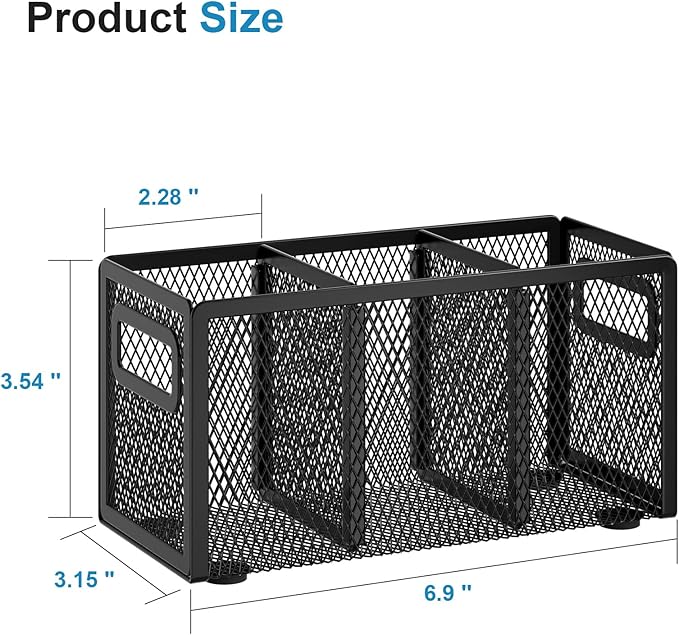 Marbrasse 2P Mesh Pen Holder for Desk,Pencil Holder Desk Organizer 3 Adjustable Compartments,Pencil Cup with Handle Perfect for Classroom, Office, Home,Makeup,Art (Black)