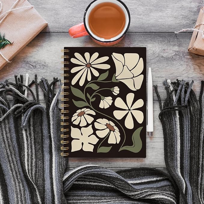 Boho Abstract Floral Spiral Notebook, Boho Gifts for Women Student Teacher, Bohemian Minimalist Botanica Lined Notebook Hardcover, College Ruled Notebook Journal for Writing, 5.5x8.3