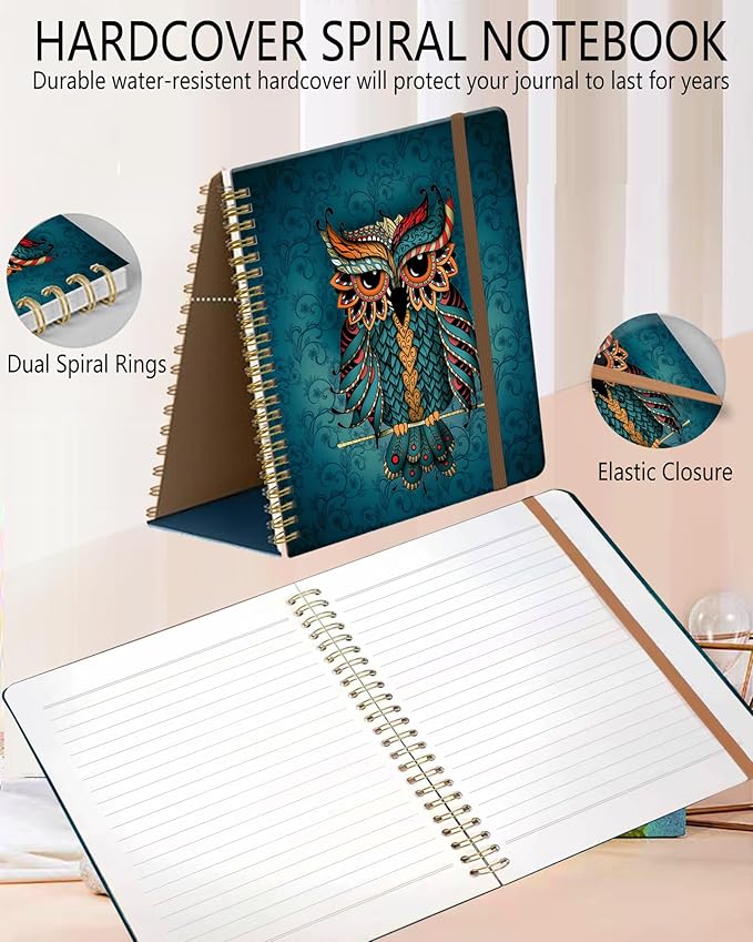 Spiral Journal Notebook, A5 Cute Notebooks for Women Men, College Ruled Hardcover Notebook for Work & Note Taking, 60 Pages Double-Wire Journals for Writing, Cool Boho Owl