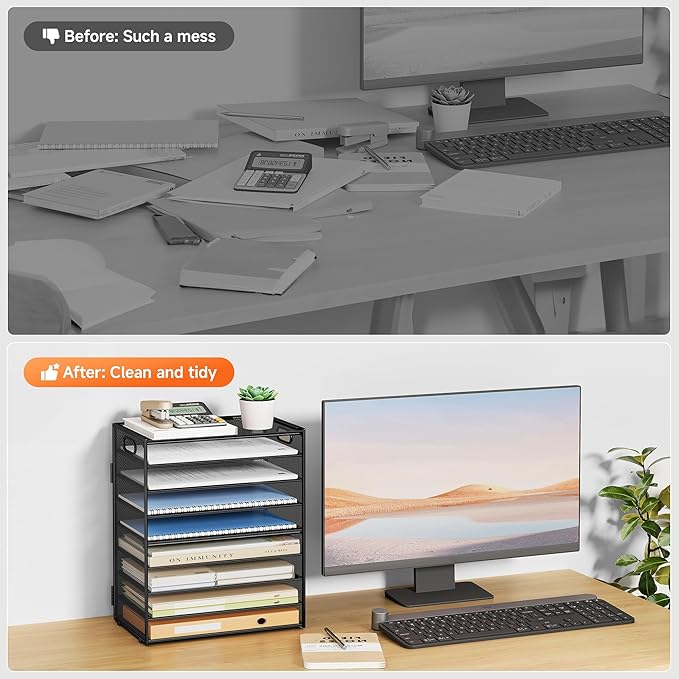 SUBEKYU 9 Tier Paper Organizer for Desk - Black Metal Mesh Letter Tray File Paper Sorter Organizer Include 6 Pcs Adjustable Height Slid Tray with Handles for Office School Home Organization Storage