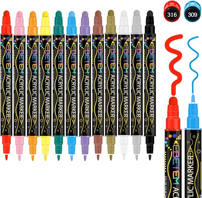 Betem 12 Colors Dual Tip Acrylic Paint Pens Markers, Premium Acrylic Paint Pens for Halloween Decorations, Wood, Canvas, Stone, Rock Painting, Glass, Ceramic Surfaces, Pumpkin Painting Kit DIY Crafts