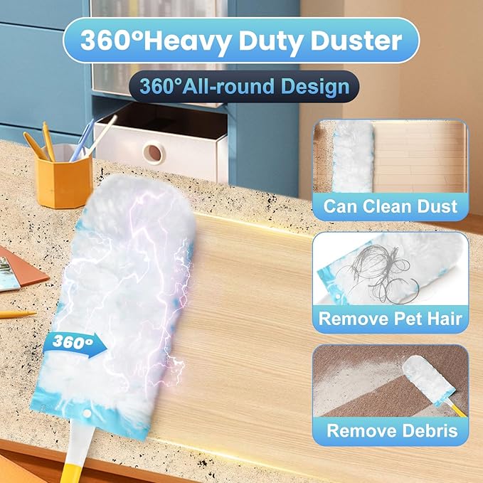 Duster Refills Compatible with Swiffer Duster, 60 Count Heavy Duty Duster Refills with 1 Short Handle + 1 Extenda Handle, Multisurface 360° Dusters with 4X Microfibers, Unscented Dusters for Cleaning