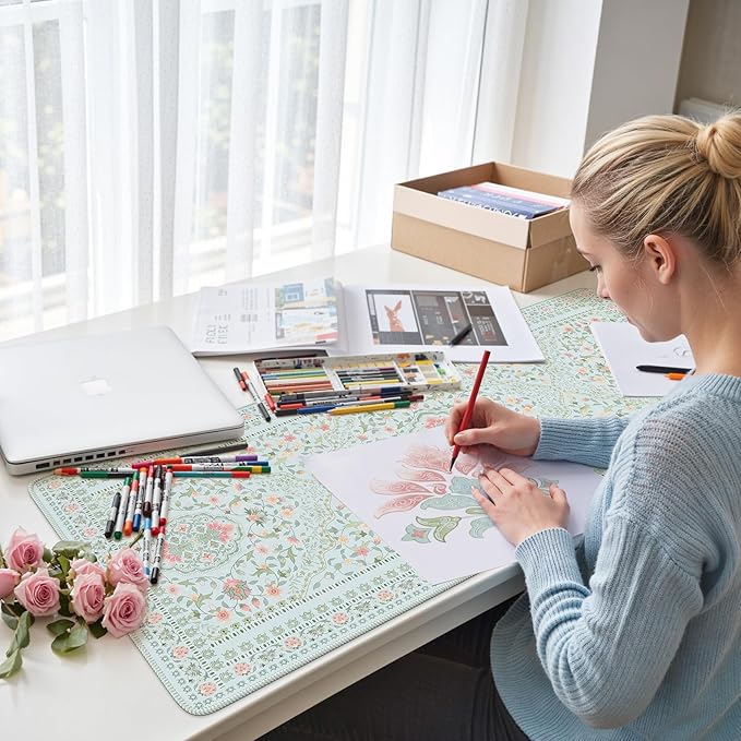 HAOCOO Light Green Computer Pad for Women, Cute Desk Mat with Stitched Edges,Waterproof 35.4" x 15.7" Big Mouse Pad, Anti-Slip Drom Topper Matt, Desk Protector Office Decor