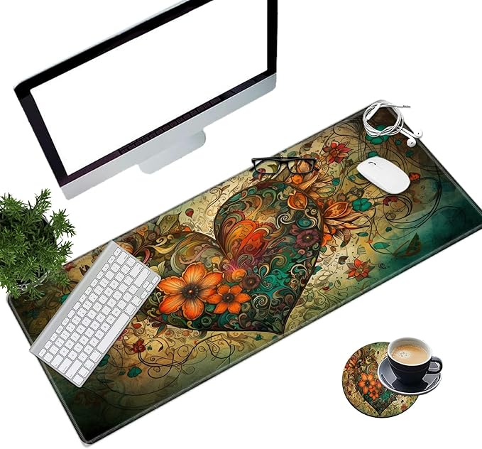 Extended Gaming Mouse Pad with Stitched Edges, Long XL Mousepad Desk Pad Keyboard Mat Water-Resistant for Work/Gaming/Office/Home, Koi Fish Heart-Shaped Flowers + Coasters and Stickers