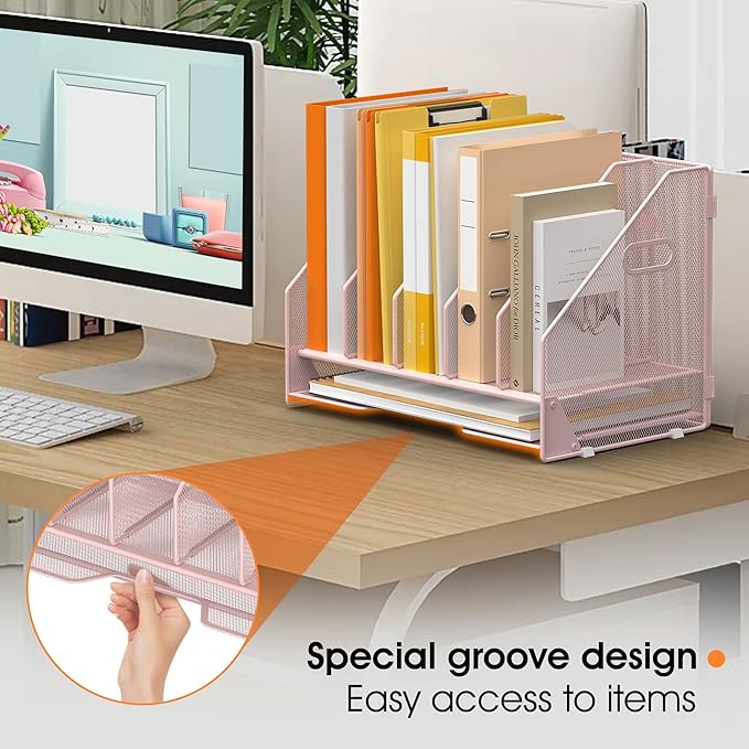 Desk File Folder Holder Organizer-5 Vertical Compartments Racks and Paper Letter Tray,Mesh Magazine File Holder Sorter,Desktop Accessories & Workspace Organizers for Home,Office,School-Pink