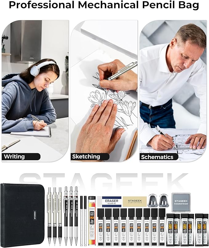 30PCS Mechanical Pencil Set with Canvas Bag, Drawing Pencils 0.5, 0.7, 0.9MM & 3PCS 2MM Sketching Pencil with 464PCS Leads (6B 4B 2B HB 2H 4H Color) for Artist Drafting Drawing Writing