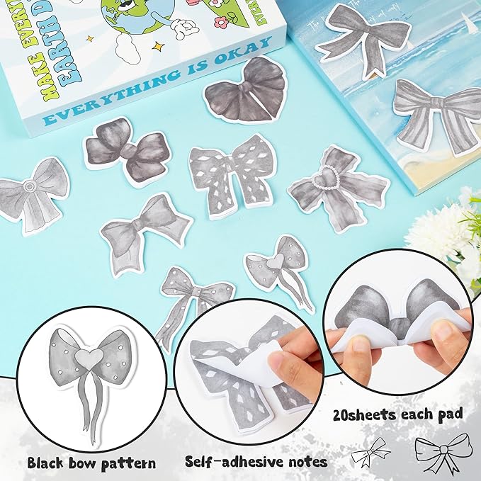 CJiangpo 30Pcs Coquette Sticky Notes Cute Black Bow Sticky Note Pads, 600 Sheets Self Stick Cartoon Notepad Memo Pads Funny Page Marker Classroom Rewards Bow Themed Party Favors Filler Gifts