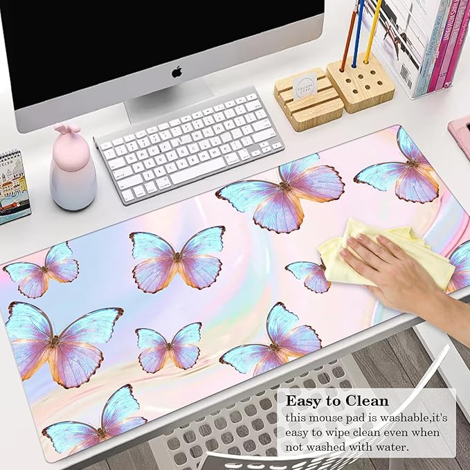 Butterfly Desk Pad Protector, Stitched Edges Mouse Pad, Large Office Mat, Non-Slip Blotter, Laptop Pad, Writing Pad for Office and Home (31.5" x 15.7")