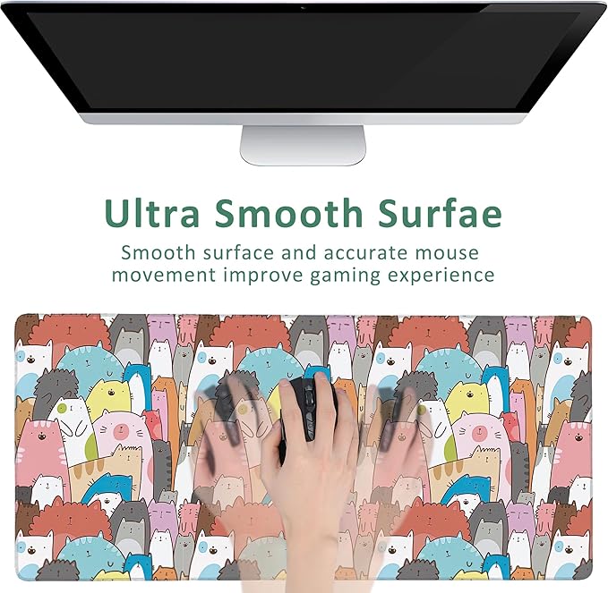 Large Mouse Pad Doodle Cats and Kittens Extended Gaming Mouse Pad Non-Slip Desk Mat with Stitched Edge Laptop Computer Keyboard Mousepad for Office Home 35.4" x 15.7"