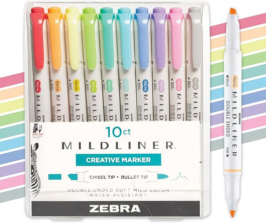 Zebra Pen Mildliner Dual-Tip Highlighters, Broad and Fine Tips, Ideal for Bible Highlighting, No Bleed, School Supplies and Teacher Supplies, Fluorescent and Cool Ink Colors, 10-Pack (78101)