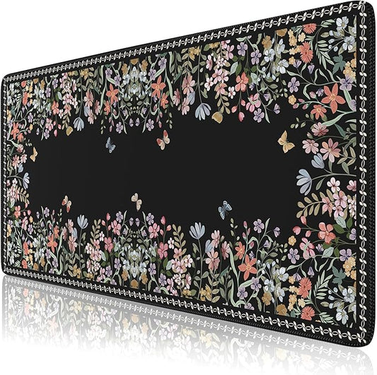 HAOCOO Floral Desk Pad for Keyboard and Mouse, Black Mouse Pad with Non-Slip Rubber Base, XXL Keyboard Mat with Edge Stitching, Soft Computer Mat, Gaming, Office Aesthetics