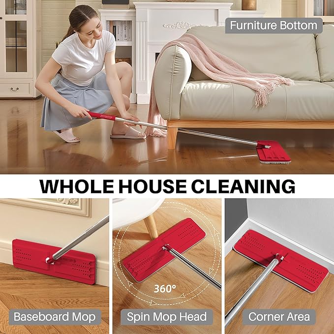 JOYMOOP Flat Mop, Microfiber Mops for Floor Cleaning and Wall Cleaner, 50" Mops with 13" Flat Head with a Microfiber Mop Pad - Black & Red