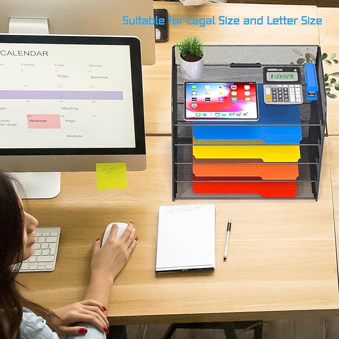 Legal/A4 5 Tier Paper Organizer,Paper Tray Holder for Desk,Letter Size File Holder/Sorter,File Folders Shelf Organizer for Office,School,Home,Solid Steel,Mesh,Sturdy,Leakproof,Large Capacity