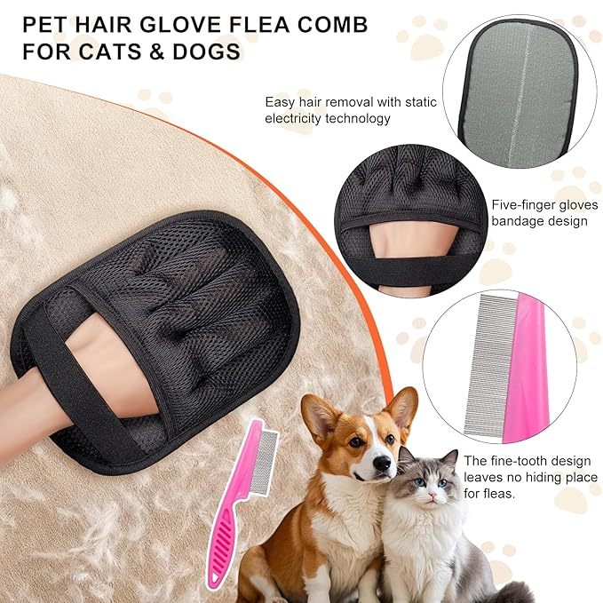 Floofelove Pet Hair Removal Glove - Magic Brush Electrostatic Mitt for Dogs & Cats Reusable Grooming Gloves Pet Hair Remover Tool with 5-Finger Design for Couch, Carpet, Furniture, Laundry & Clothing
