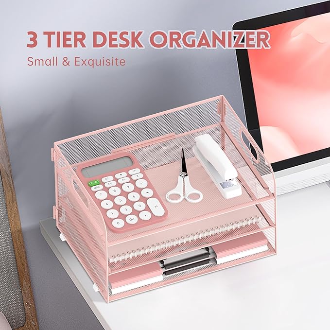 SUPEASY 3 Tier Paper Organizer with Handle, Mesh Desk Organizer Letter Tray, A4 File Folder Paper Tray, Pink