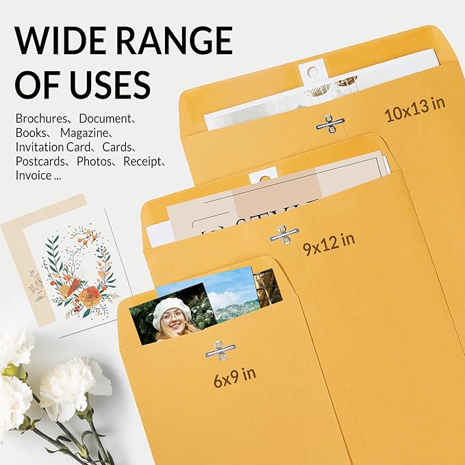 SUNEE 10x13 Clasp Envelopes 20 Count - 10x13 Inch Brown Kraft Envelopes with Clasp Closure – for Home, Office, Business, Legal or School, Great for Filing, Storing or Mailing Documents