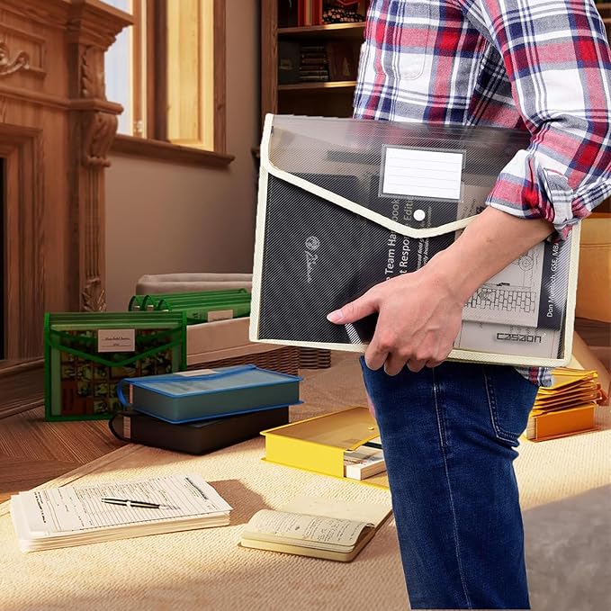 Plastic File Folder, 9 Pcs Large-Capacity Poly Envelope Expanding Wallet Document Folder Letter Size A4 Accordion File Pouch with Label Pocket, Snap Button for School Home Work Office Organization