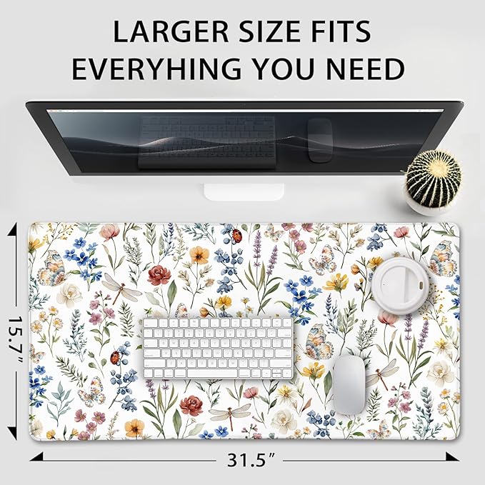 Flower Large Gaming Mouse Pad 31.5"x15.7"｜ Weed Floral Plants XXL Desk Mat, Non-Slip Rubber Base & Stitched Edges - Extended Waterproo Mousepad for PC/Laptop/Office/Home Decor