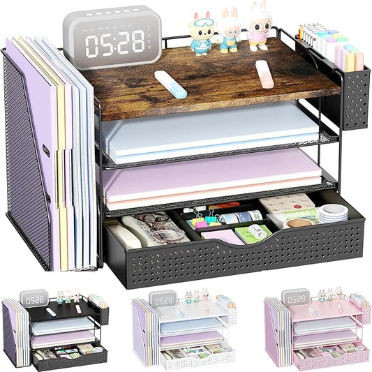 Wood Desk Organizers and Accessories with File Holder, 4-Tier Desk Accessories & Workspace Organizers with Drawer and Pen Holder, Paper Organizer for Office Supplies (Wood)