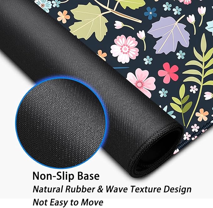 Maple Leaf and Flowers Desk Pad Mouse Pad,Large Floral Mouse Mat with Stitched Edges,Non-Slip Rubber Base Elegant Mousepad for Office PC Keyboard Laptop and Home Work Desk Mat(27.5X11.8 in)