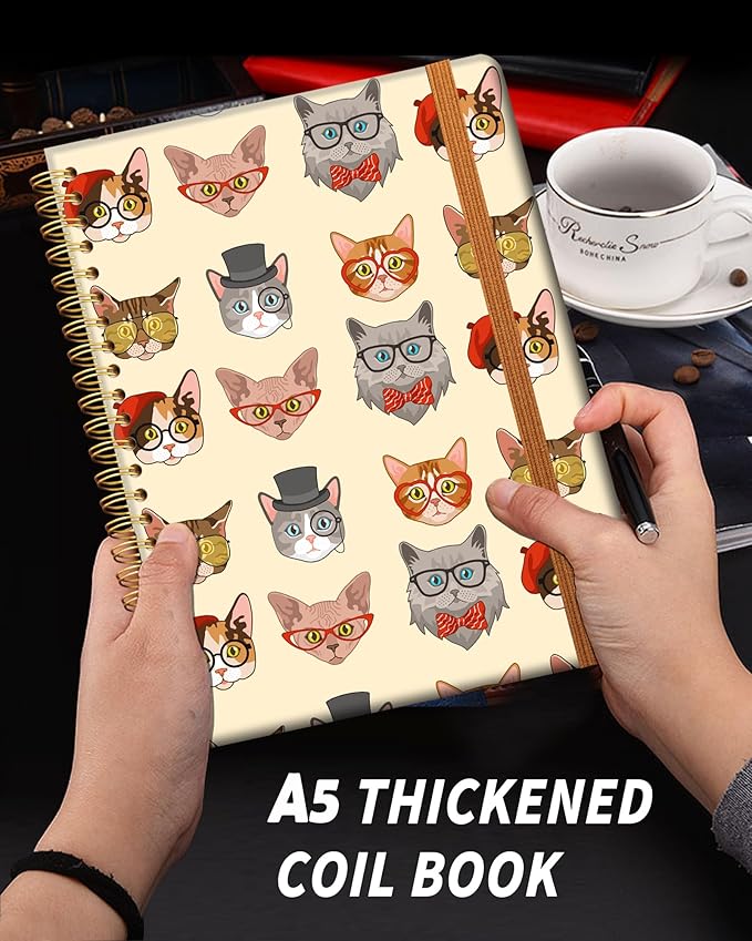 Ruled Spiral Writing Notebook,A5 Hardcover Lined College Journal for Women,Strong Twin-Wire Binding with Premium Paper,8.4" X 6",Perfect for School,Office,Home(Cute Funny Cats)