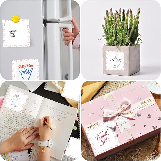 Sticky Notes, 2 Pads, 3x3 inches, Cute Colorful Fun Self-Stick Note Pads, Easy Post, Strong Adhesive Notepad Pink Ribbon Bows