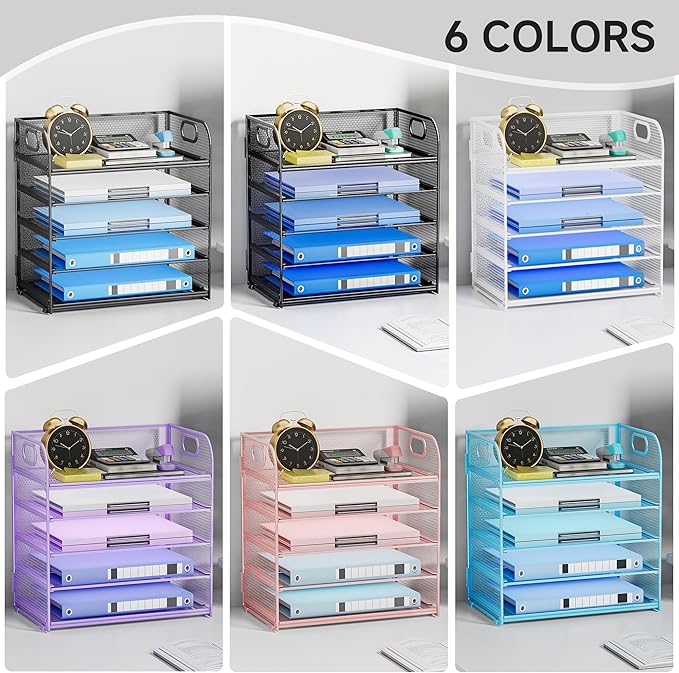 5 Tier Paper Organizer for Desk File Organizer with Handle Mesh Letter Tray Paper Sorter Desk Organizer for Office Home Supplies-Grey