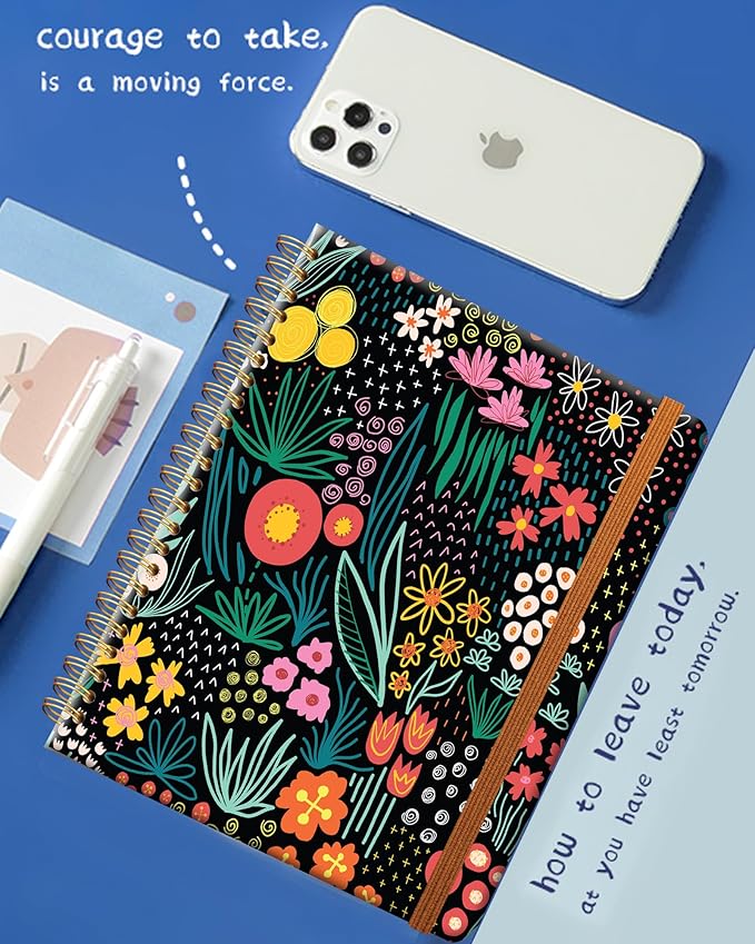 Ruled Spiral Writing Notebook,A5 Hardcover Lined College Journal for Women Lady Girl,Strong Twin-Wire Binding with Premium Paper,8.4" X 6",Perfect for School,Office,Home Gifts(bright colorful flower)